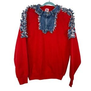 Vintage Red Miller Sweatshirt XL‎ Upcycled Wrangler Denim Collar Fringe Pullover
